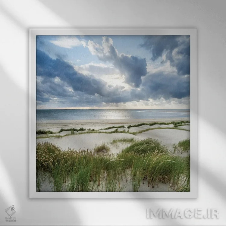 تابلو دکوراتیو ساحل تپه شنی در یک روز طوفانی اثر یان بکه - نمای قابدار سفید