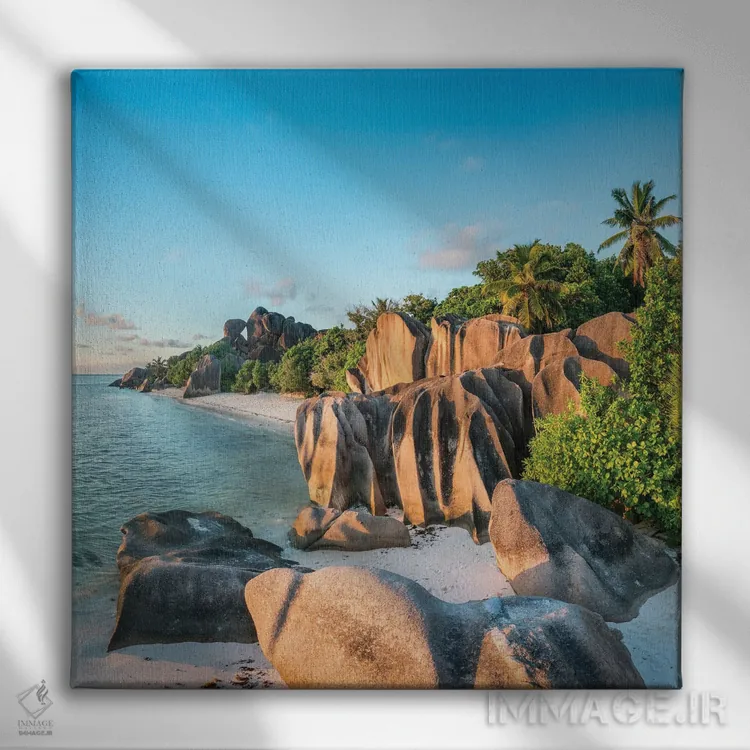 تابلو دکوراتیو La Digue, Seychelles,ساحل استوایی آنس سورس دارژان، لا دیگو، سیش… اثر یان بکه - نمای روبهرو روی دیوار