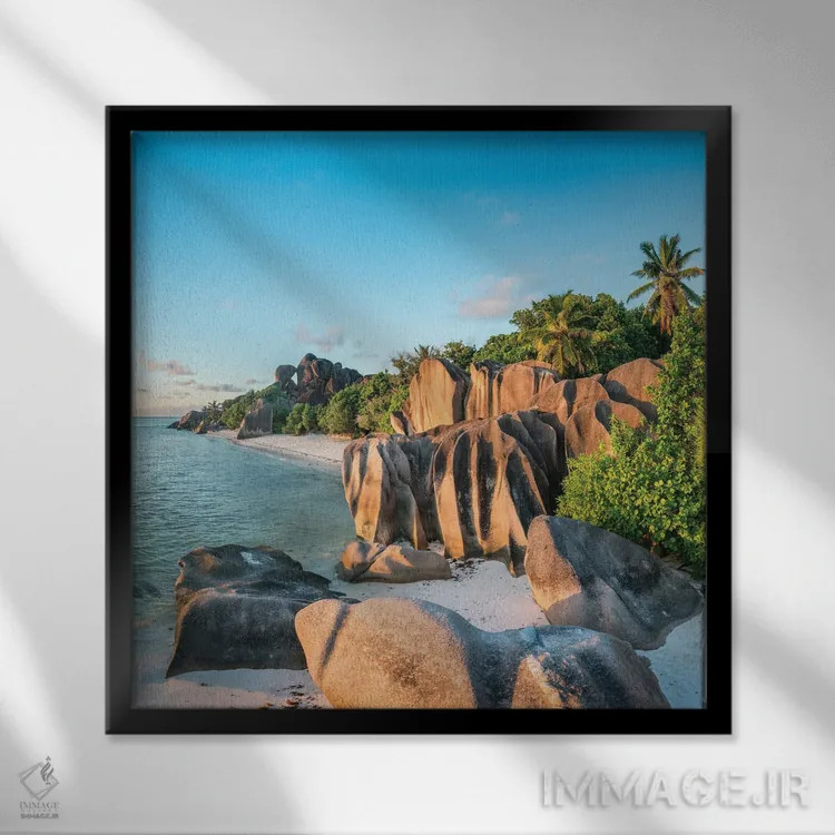 تابلو دکوراتیو La Digue, Seychelles,ساحل استوایی آنس سورس دارژان، لا دیگو، سیش… اثر یان بکه - نمای قابدار مشکی