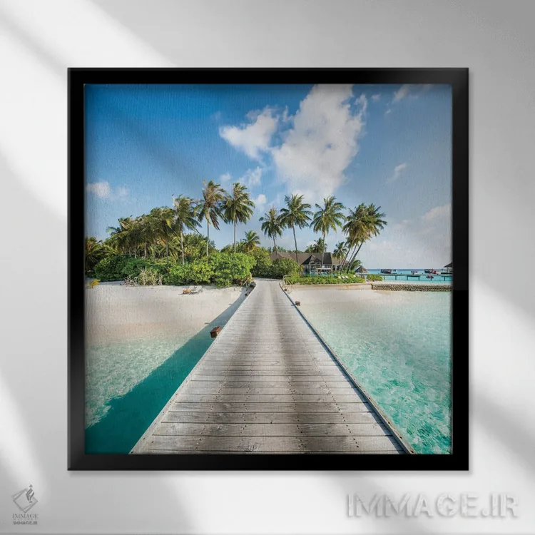 تابلو دکوراتیو Maldives,اسکله چوبی به جزیره ای استوایی، مالدیو اثر یان بکه - نمای قابدار مشکی