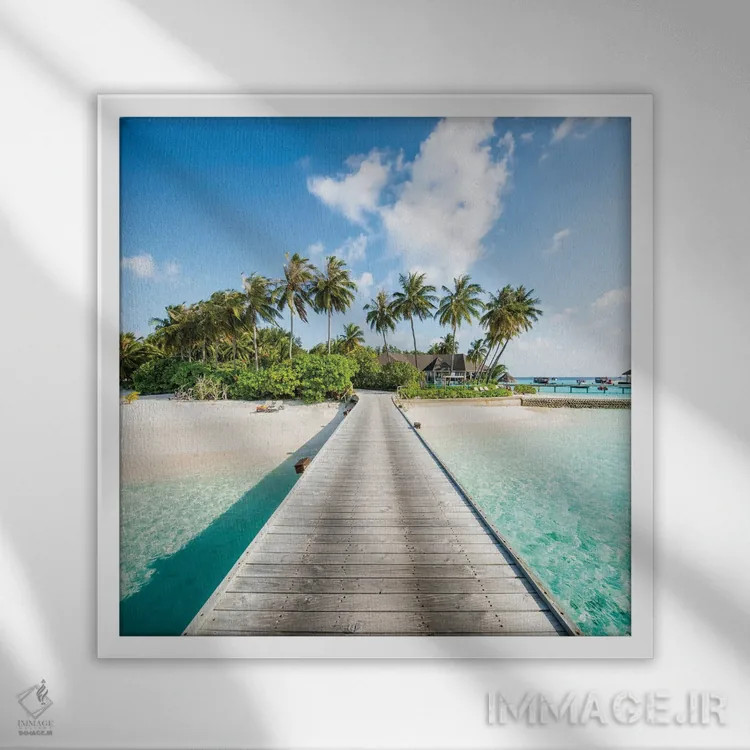 تابلو دکوراتیو Maldives,اسکله چوبی به جزیره ای استوایی، مالدیو اثر یان بکه - نمای قابدار سفید