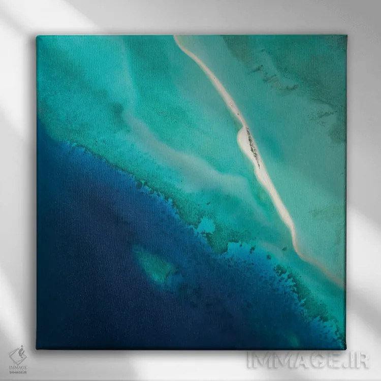 تابلو دکوراتیو نمای هوایی از یک شن زار و تالاب آبی در مالدیو اثر یان بکه - نمای روبهرو روی دیوار