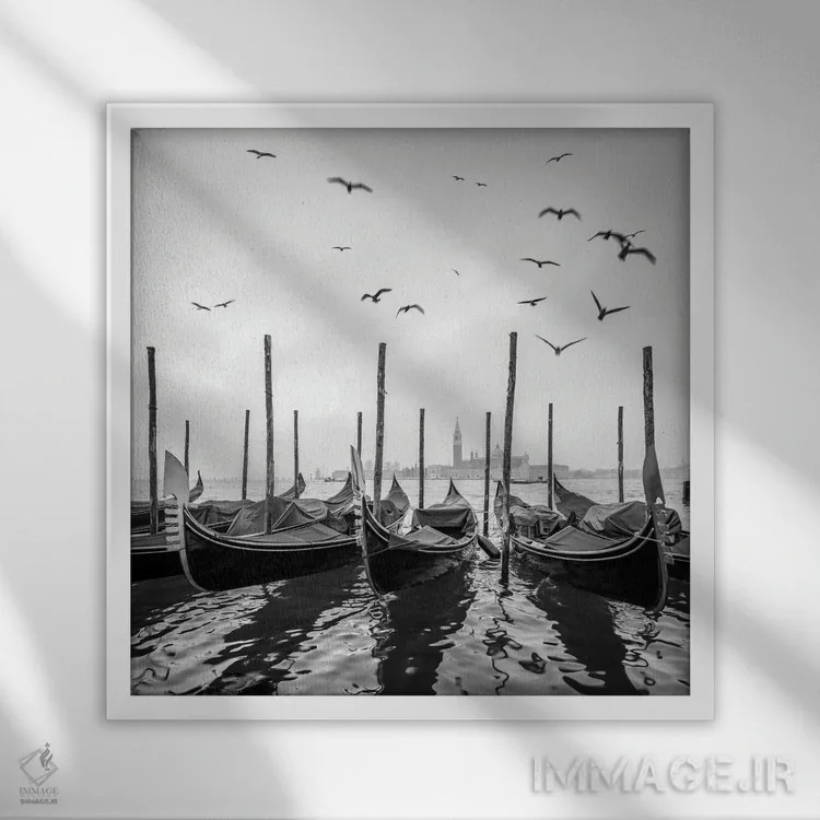 تابلو دکوراتیو Venice, Italy,گوندولاها در مقابل جزیره سان جورجیو ماجیوره، ونیز… اثر یان بکه - نمای قابدار سفید