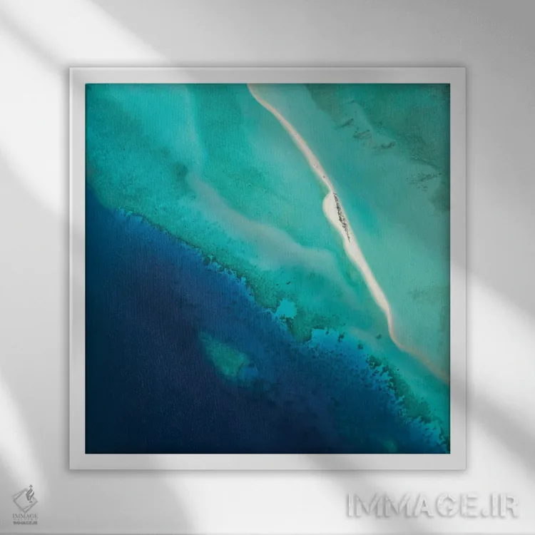 تابلو دکوراتیو نمای هوایی از یک شن زار و تالاب آبی در مالدیو اثر یان بکه - نمای قابدار سفید