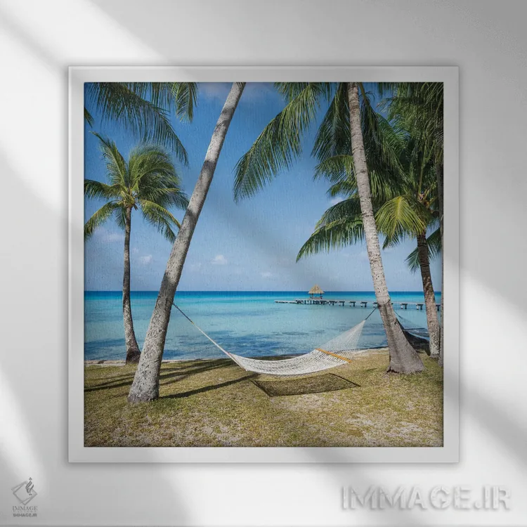 تابلو دکوراتیو French Polynesia,تعطیلات تابستانی آرامش بخش در تخت آویز در ساحل… اثر یان بکه - نمای قابدار سفید