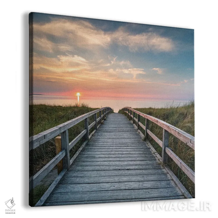 تابلو دکوراتیو قدم زدن در ساحل تپه شنی هنگام غروب خورشید اثر یان بکه - نمای پرسپکتیو محصول