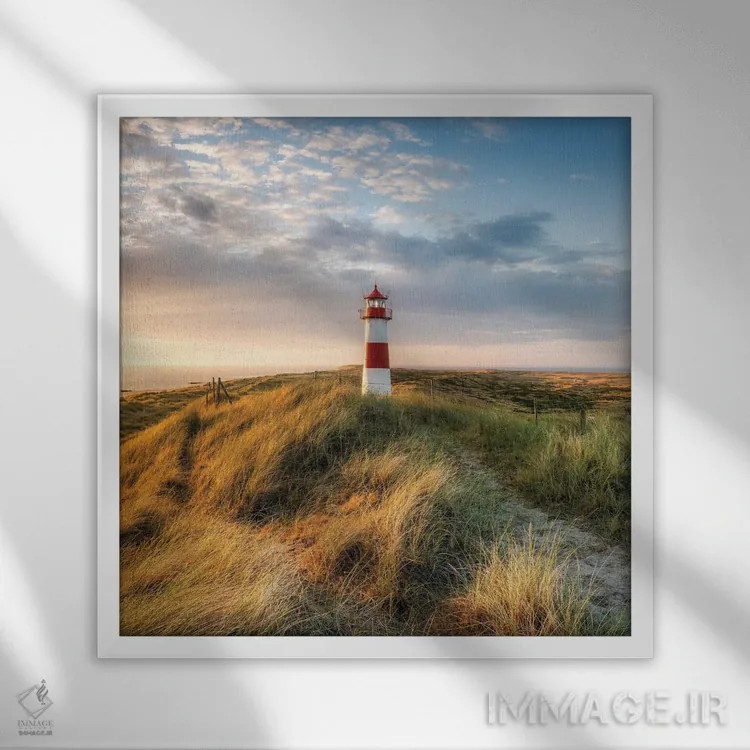 تابلو دکوراتیو Sylt, Schleswig-Holstein, Germany,فانوس دریایی قرمز در ساحل دری… اثر یان بکه - نمای قابدار سفید