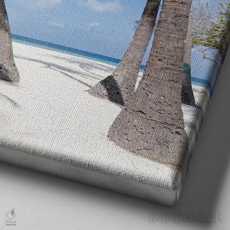 تابلو دکوراتیو درختان نخل در جزیره گرمسیری در مالدیو اثر یان بکه - نمای نزدیک بافت بوم