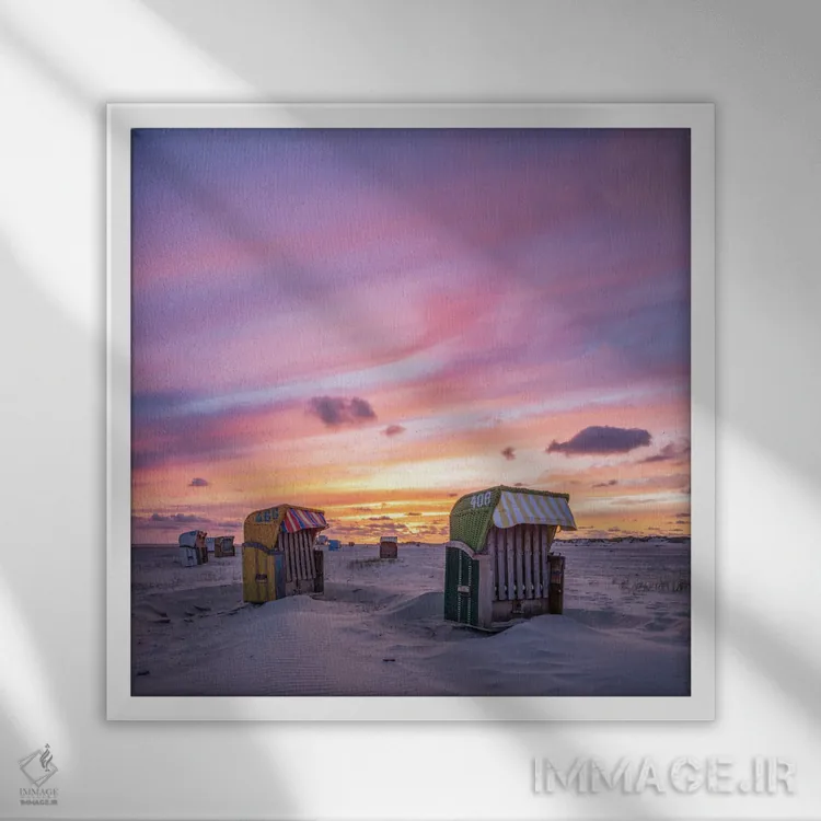 تابلو دکوراتیو North Sea Coast, Germany,غروب در ساحل دریای شمال، آلمان اثر یان بکه - نمای قابدار سفید