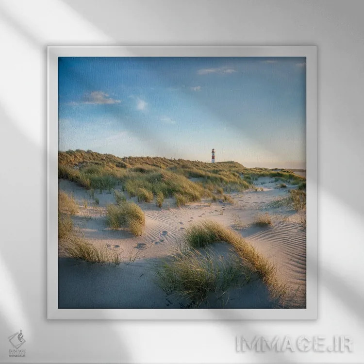 تابلو دکوراتیو North Sea Coast, Sylt Island, Germany,فانوس دریایی در ساحل شنی… اثر یان بکه - نمای قابدار سفید
