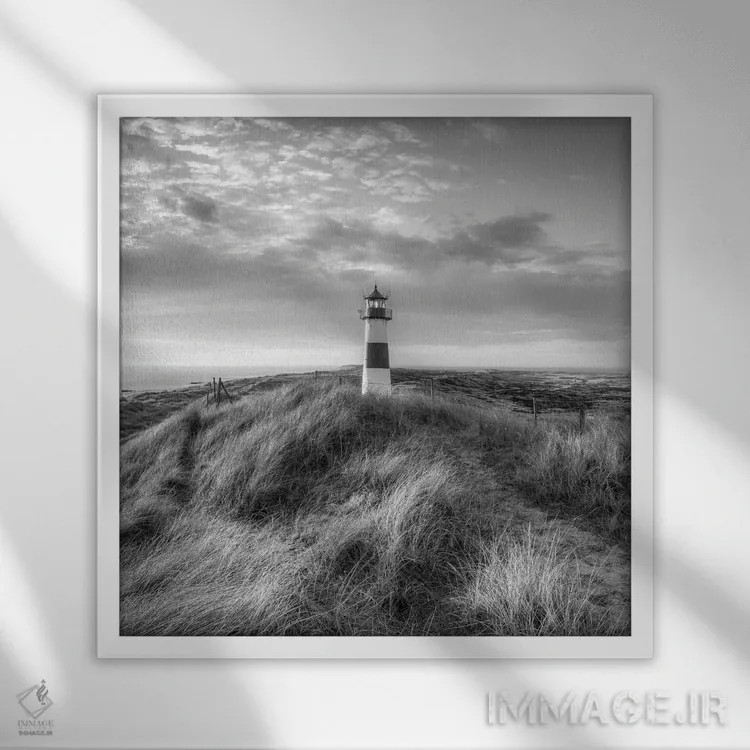 تابلو دکوراتیو Sylt, Schleswig-Holstein, Germany, Black And White,فانوس دریایی… اثر یان بکه - نمای قابدار سفید