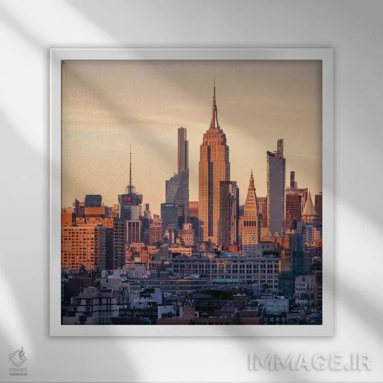 تابلو دکوراتیو New York City, USA,ساختمان امپایر استیت در غروب آفتاب، نیویورک… اثر یان بکه - نمای قابدار سفید