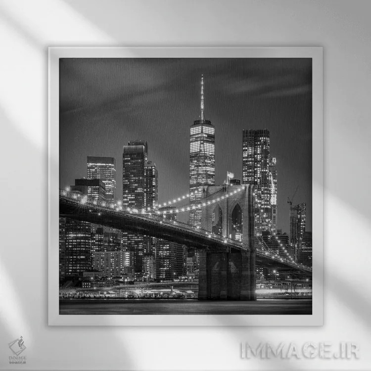 تابلو دکوراتیو New York City,پل بروکلین به صورت سیاه و سفید، نیویورک اثر یان بکه - نمای قابدار سفید