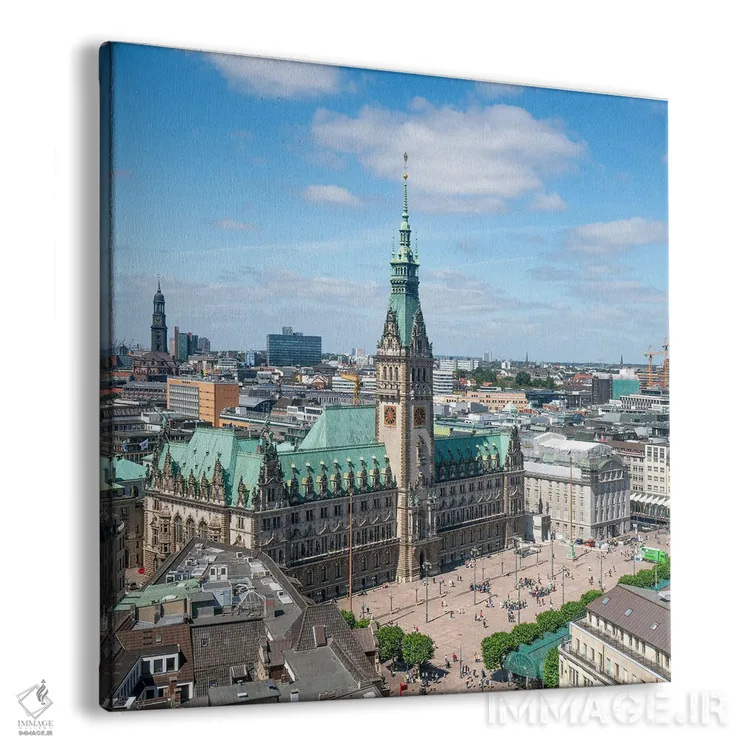 تابلو دکوراتیو نمای هوایی تالار شهر هامبورگ و میدان راتهاوس مارکت اثر یان بکه - نمای پرسپکتیو محصول