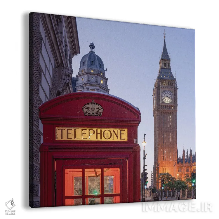 تابلو دکوراتیو London, United Kingdom,کابین تلفن قرمز تاریخی و بیگ بن در شب، ل… اثر یان بکه - نمای پرسپکتیو محصول