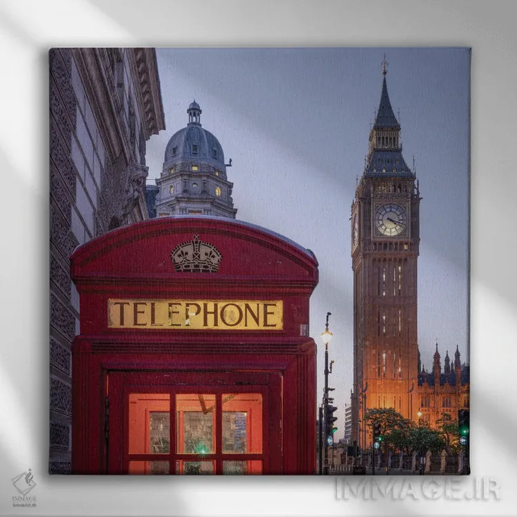 تابلو دکوراتیو London, United Kingdom,کابین تلفن قرمز تاریخی و بیگ بن در شب، ل… اثر یان بکه - نمای روبهرو روی دیوار