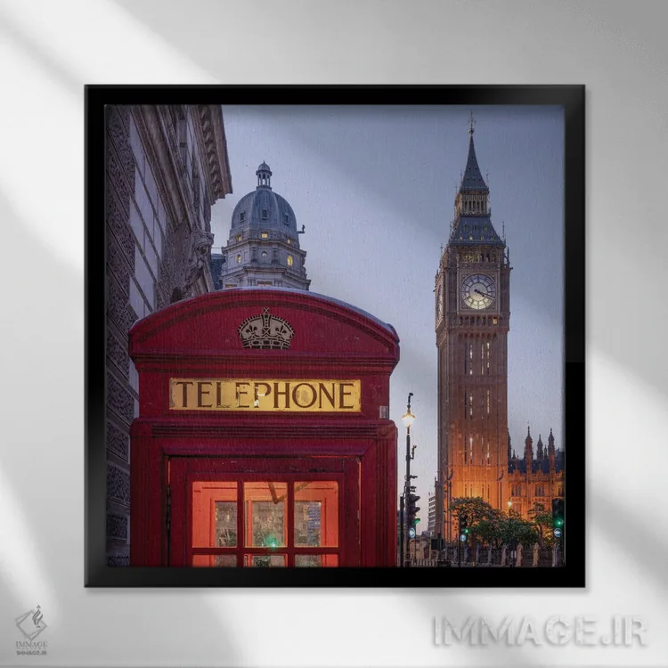 تابلو دکوراتیو London, United Kingdom,کابین تلفن قرمز تاریخی و بیگ بن در شب، ل… اثر یان بکه - نمای قابدار مشکی