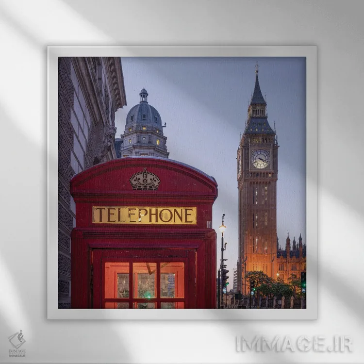 تابلو دکوراتیو London, United Kingdom,کابین تلفن قرمز تاریخی و بیگ بن در شب، ل… اثر یان بکه - نمای قابدار سفید