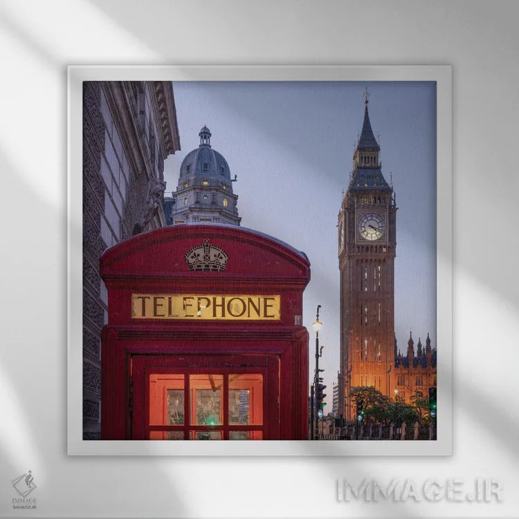تابلو دکوراتیو London, United Kingdom,کابین تلفن قرمز تاریخی و بیگ بن در شب، ل… اثر یان بکه - نمای قابدار سفید