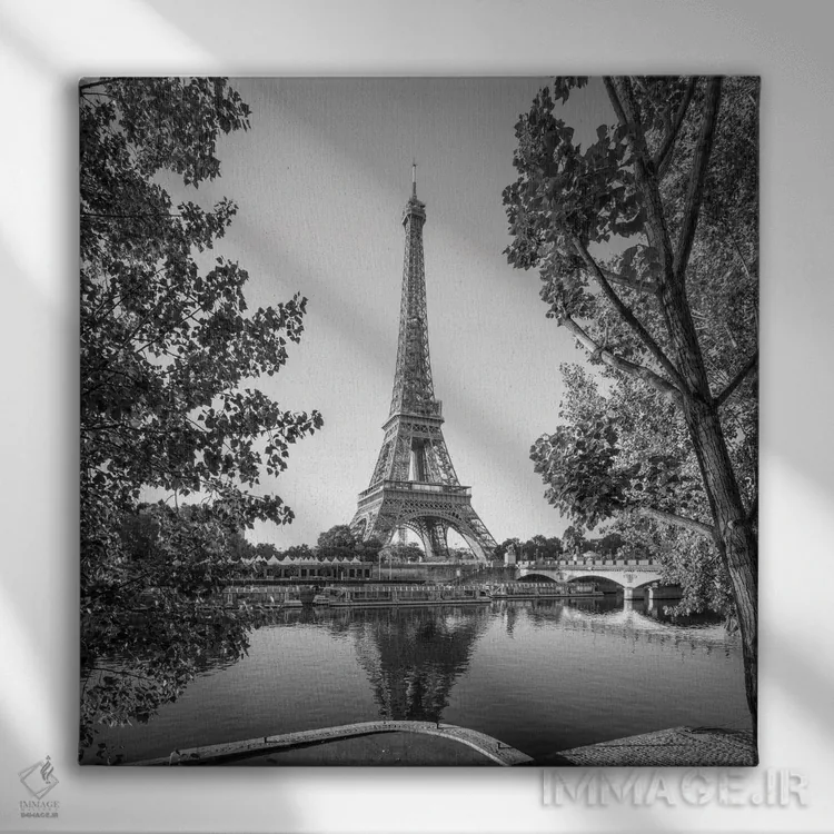 تابلو دکوراتیو Paris, France, Black And White,برج ایفل کنار ساحل رود سن، پاریس… اثر یان بکه - نمای روبهرو روی دیوار