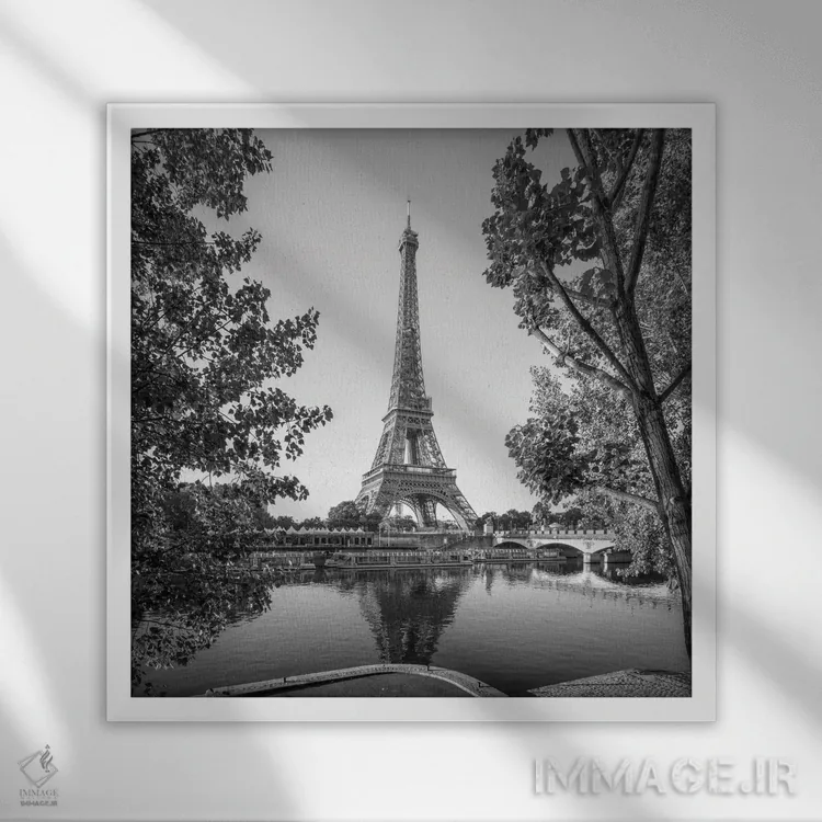تابلو دکوراتیو Paris, France, Black And White,برج ایفل کنار ساحل رود سن، پاریس… اثر یان بکه - نمای قابدار سفید