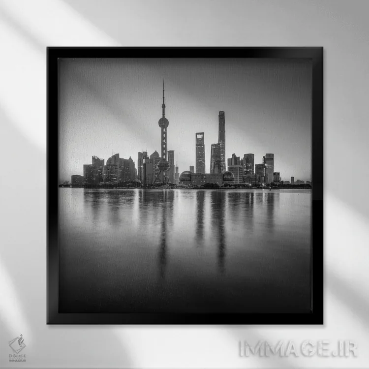 تابلو دکوراتیو Shanghai, China,خط افق پودونگ به صورت سیاه و سفید، شانگهای، چین اثر یان بکه - نمای قابدار مشکی