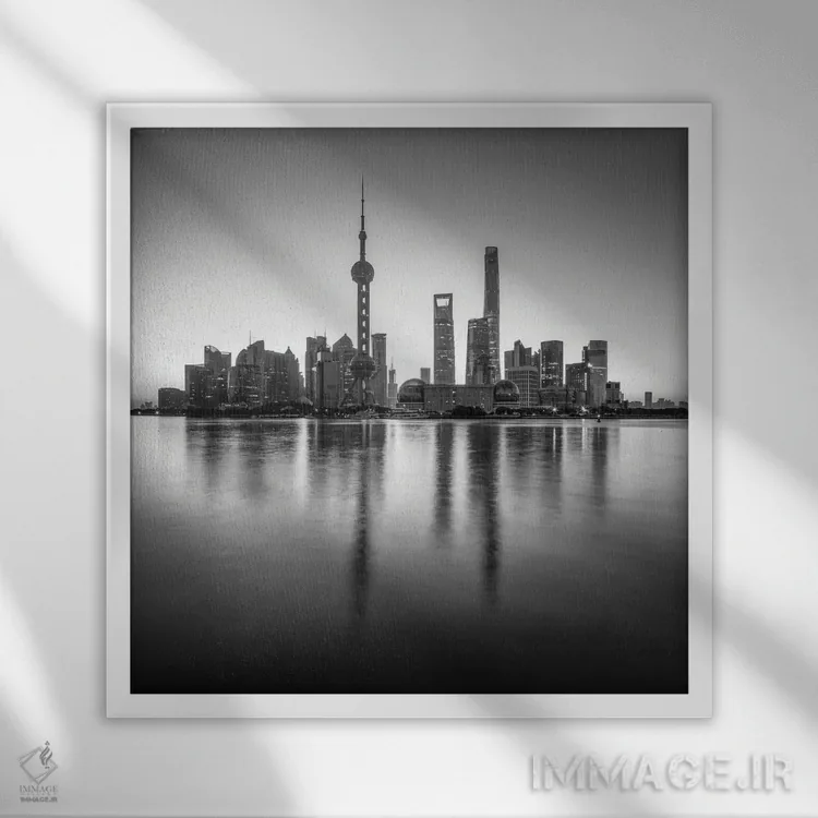 تابلو دکوراتیو Shanghai, China,خط افق پودونگ به صورت سیاه و سفید، شانگهای، چین اثر یان بکه - نمای قابدار سفید