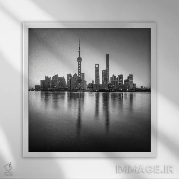 تابلو دکوراتیو Shanghai, China,خط افق پودونگ به صورت سیاه و سفید، شانگهای، چین اثر یان بکه - نمای قابدار سفید