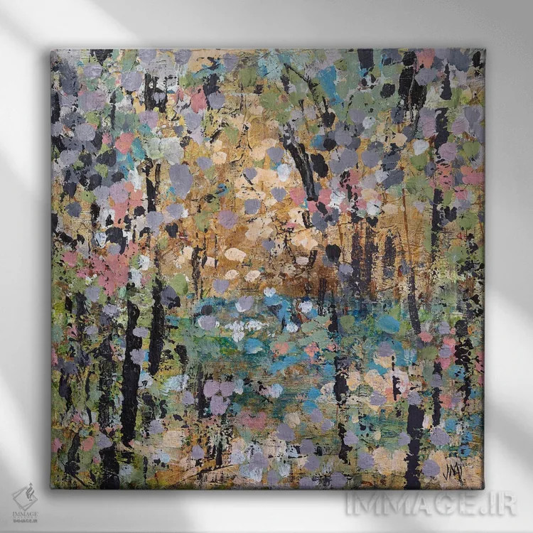 تابلو انتزاعی مسیر مه آلود گل ها اثر جودی ماس - نمای روبهرو روی دیوار