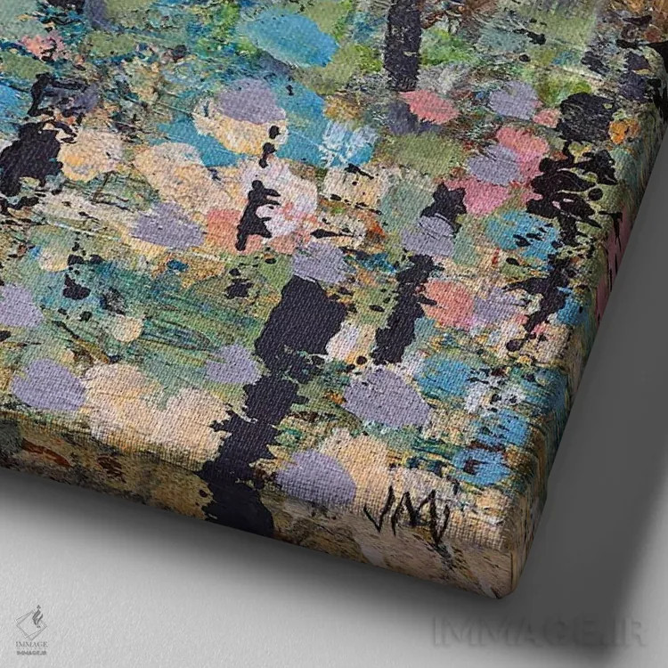 تابلو انتزاعی مسیر مه آلود گل ها اثر جودی ماس - نمای نزدیک بافت بوم