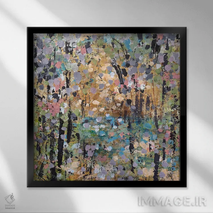 تابلو انتزاعی مسیر مه آلود گل ها اثر جودی ماس - نمای قابدار مشکی