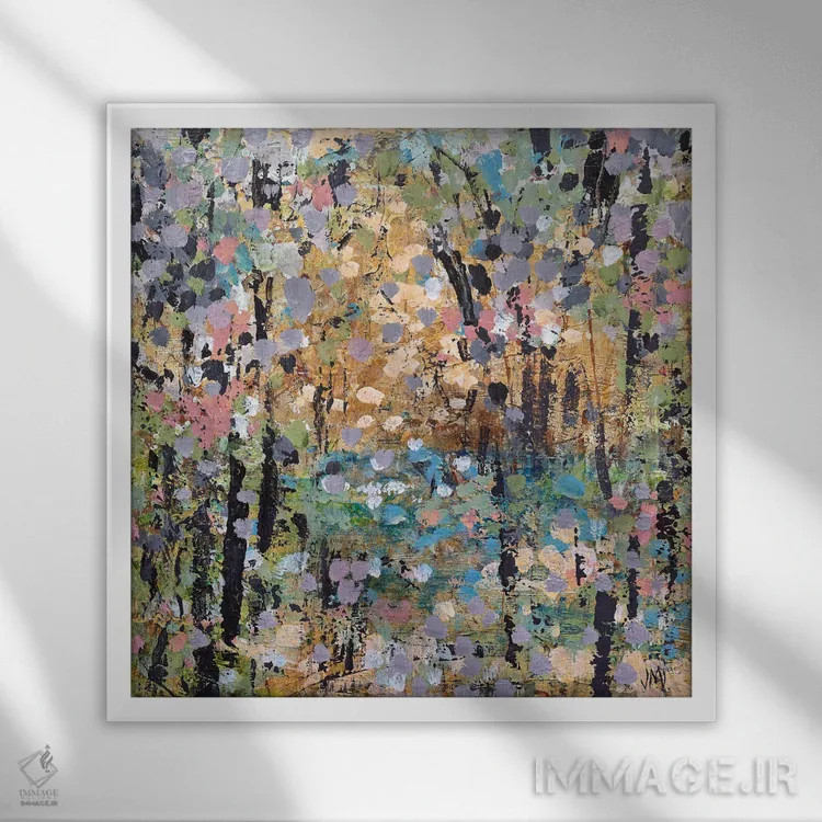 تابلو انتزاعی مسیر مه آلود گل ها اثر جودی ماس - نمای قابدار سفید