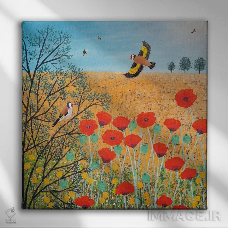 تابلو دکوراتیو قرمز و طلایی اثر جو گراندی - نمای روبهرو روی دیوار