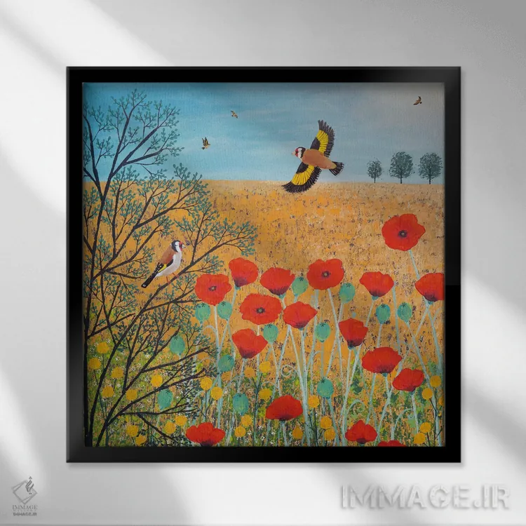 تابلو دکوراتیو قرمز و طلایی اثر جو گراندی - نمای قابدار مشکی