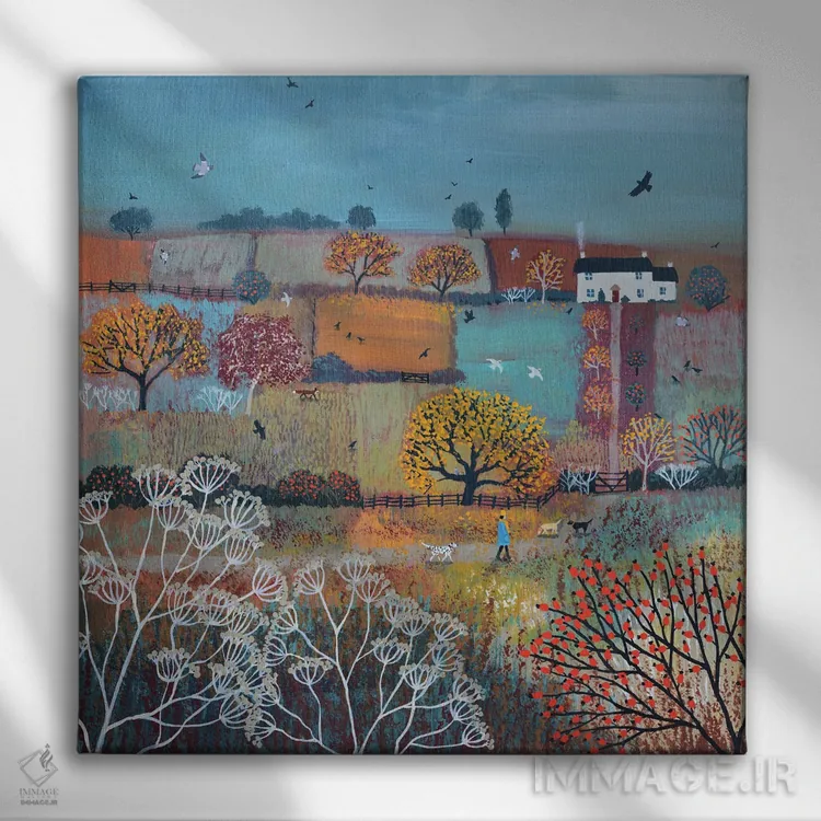 تابلو دکوراتیو مسیر به سوی کلبه پاییزی اثر جو گراندی - نمای روبهرو روی دیوار