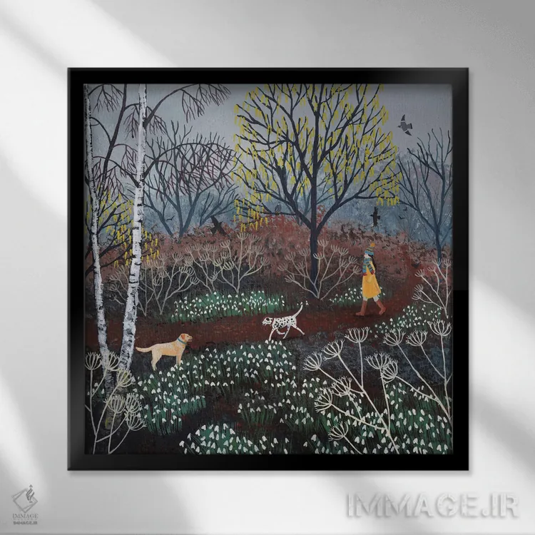 تابلو دکوراتیو قدم زنی تند میان گل برفی ها اثر جو گراندی - نمای قابدار مشکی