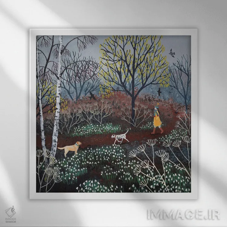 تابلو دکوراتیو قدم زنی تند میان گل برفی ها اثر جو گراندی - نمای قابدار سفید