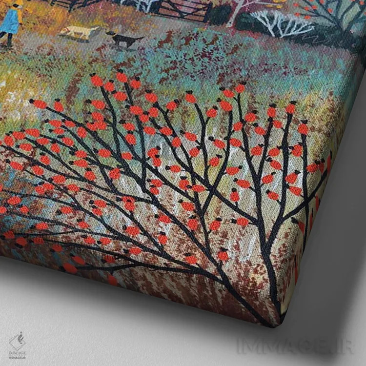 تابلو دکوراتیو مسیر به سوی کلبه پاییزی اثر جو گراندی - نمای نزدیک بافت بوم