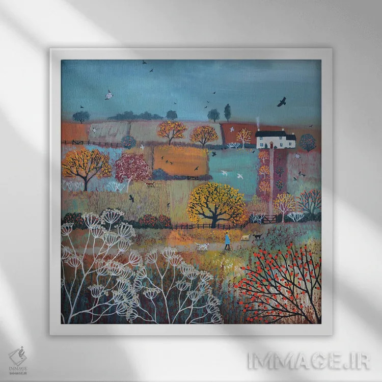 تابلو دکوراتیو مسیر به سوی کلبه پاییزی اثر جو گراندی - نمای قابدار سفید