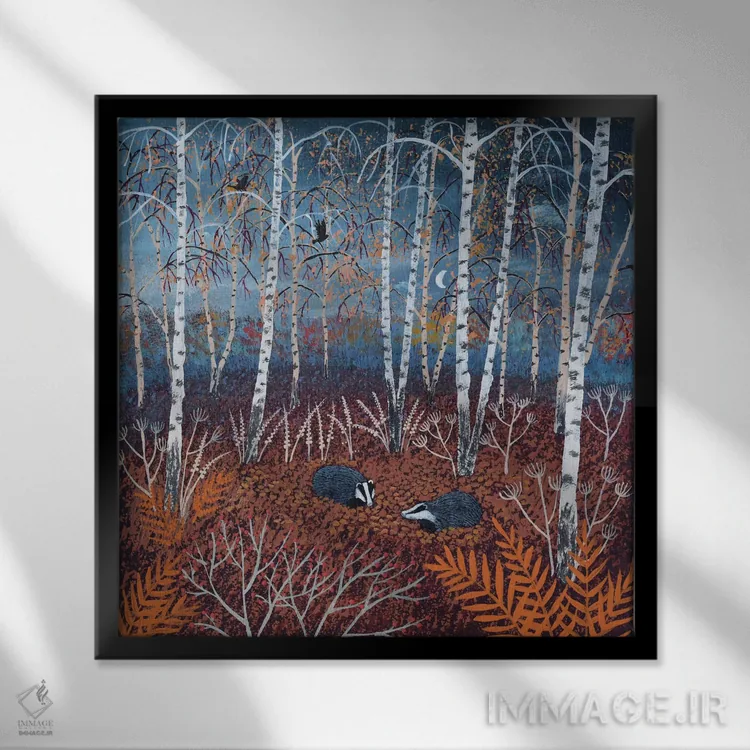 تابلو دکوراتیو گورها در جنگل پاییزی اثر جو گراندی - نمای قابدار مشکی