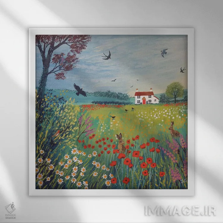 تابلو دکوراتیو خانه کنار چمنزار تابستانی اثر جو گراندی - نمای قابدار سفید