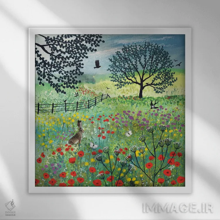 تابلو دکوراتیو در چمنزار تابستانی اثر جو گراندی - نمای قابدار سفید