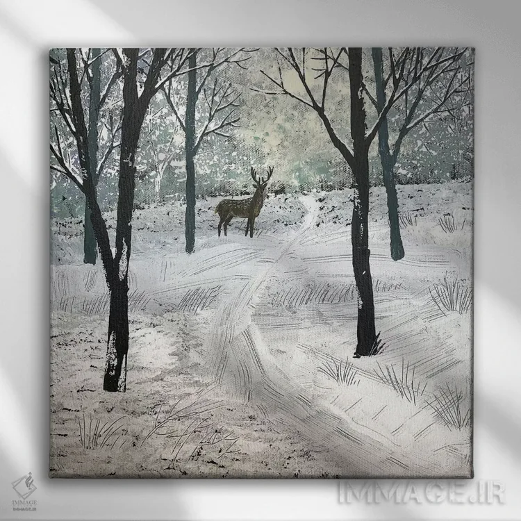 تابلو دکوراتیو گوزن در برف اثر جو گراندی - نمای روبهرو روی دیوار