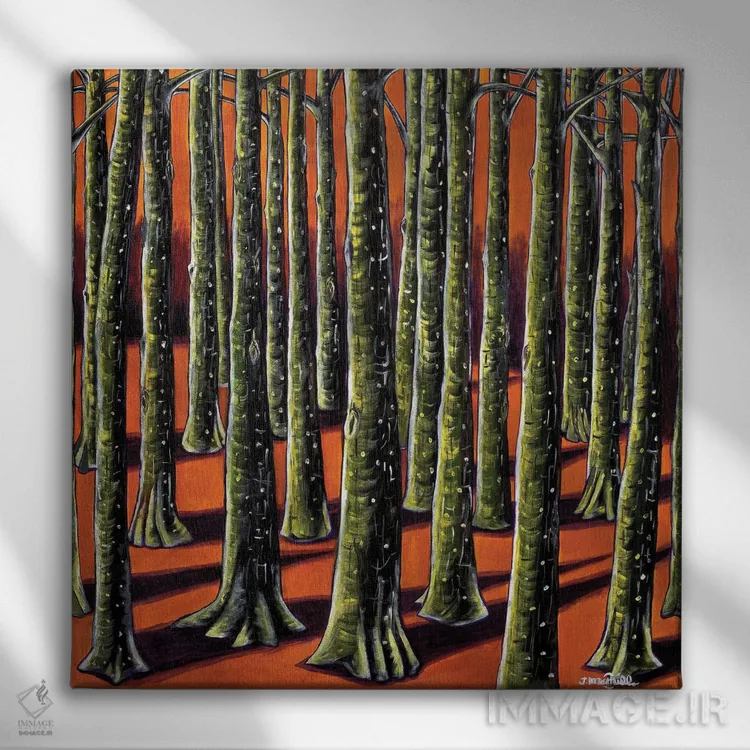 تابلو دکوراتیو جنگل نارنجی اثر یواخیم مک میلان - نمای روبهرو روی دیوار