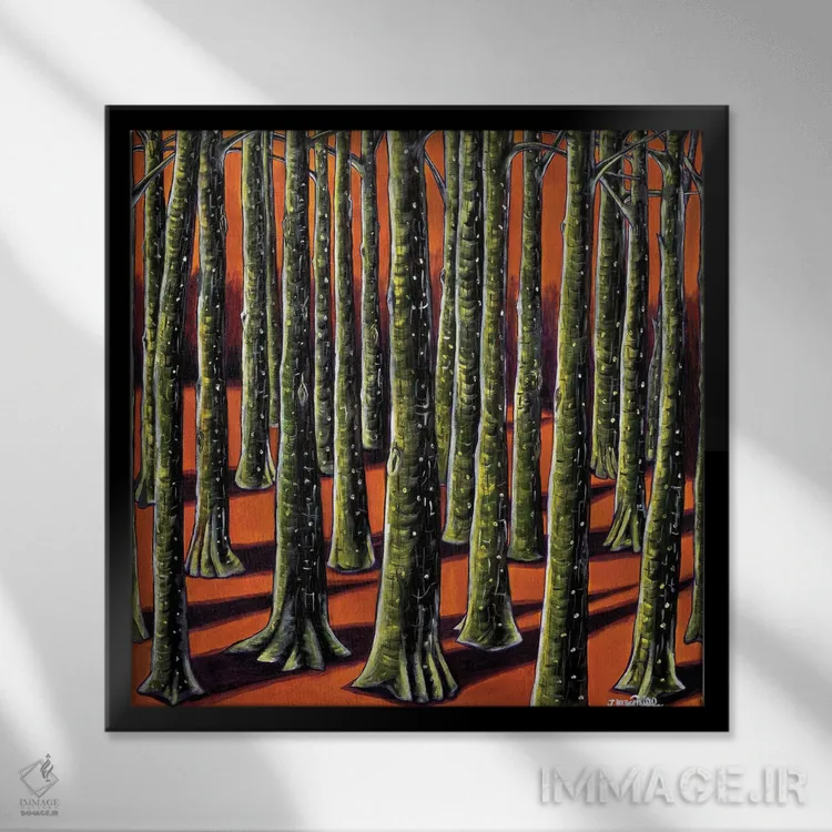 تابلو دکوراتیو جنگل نارنجی اثر یواخیم مک میلان - نمای قابدار مشکی