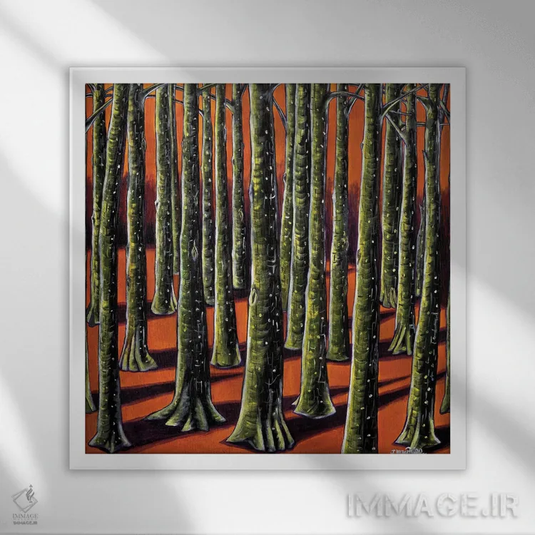 تابلو دکوراتیو جنگل نارنجی اثر یواخیم مک میلان - نمای قابدار سفید