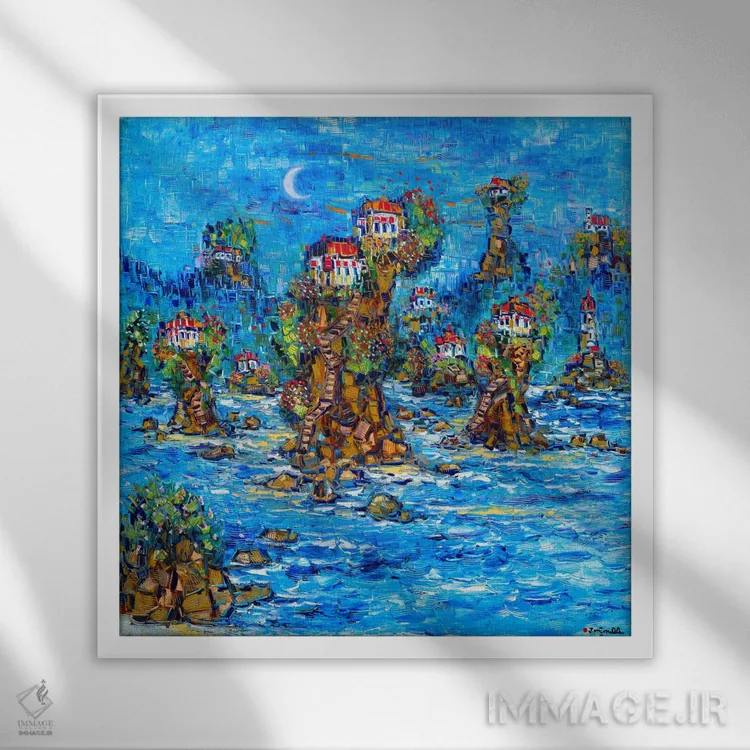 تابلو دکوراتیو جزایر پایه دار اثر یواخیم مک میلان - نمای قابدار سفید