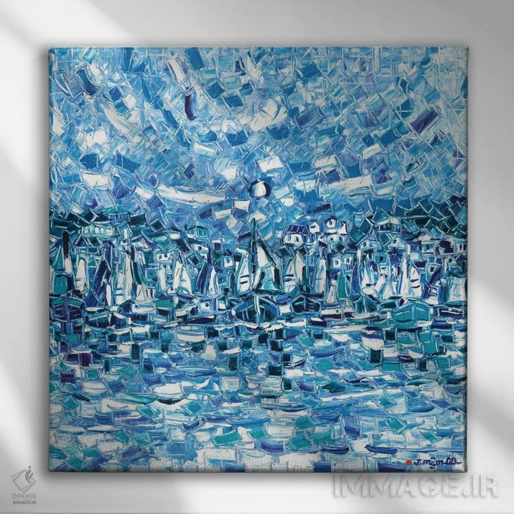 تابلو انتزاعی خلیج آبی اثر یواخیم مک میلان - نمای روبهرو روی دیوار