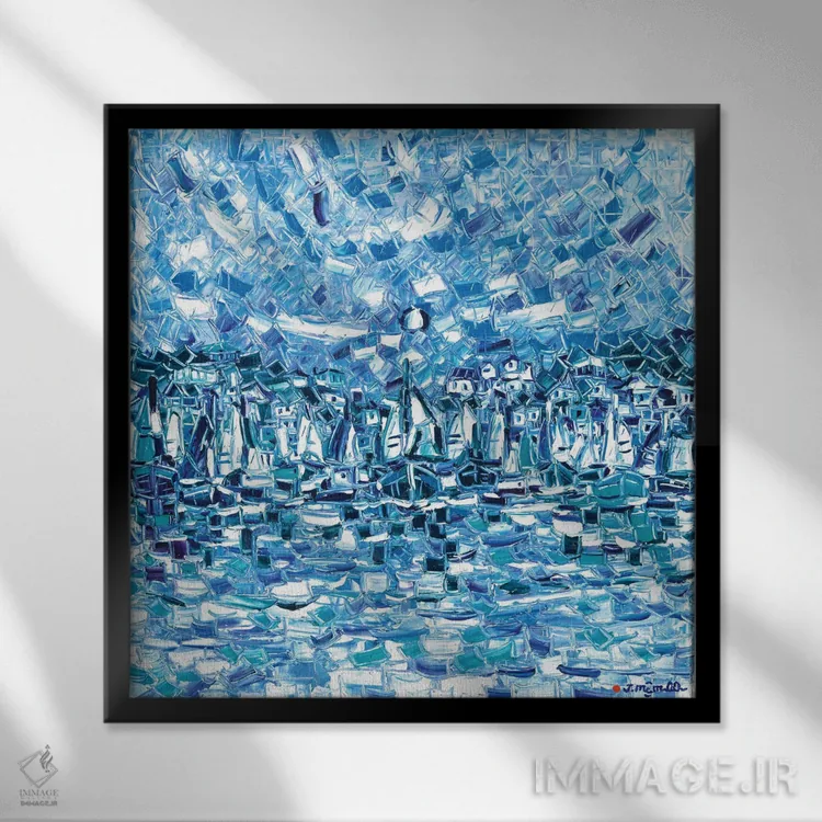 تابلو انتزاعی خلیج آبی اثر یواخیم مک میلان - نمای قابدار مشکی