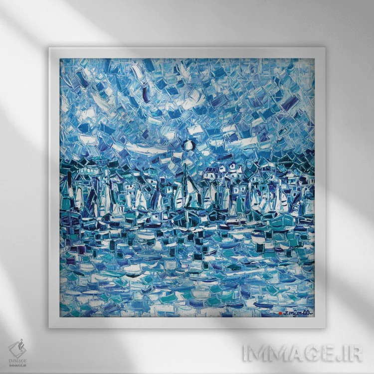 تابلو انتزاعی خلیج آبی اثر یواخیم مک میلان - نمای قابدار سفید